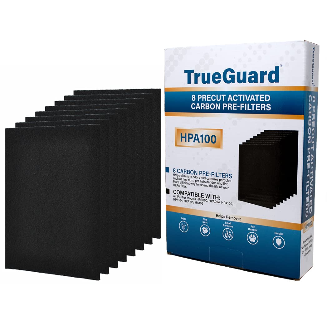 Trueguard Air Purifier Replacement Pre Filters For Hpa100 Series | 8 Pack Of Pre Cut Activated Carbon Prefilters | Precision Fit